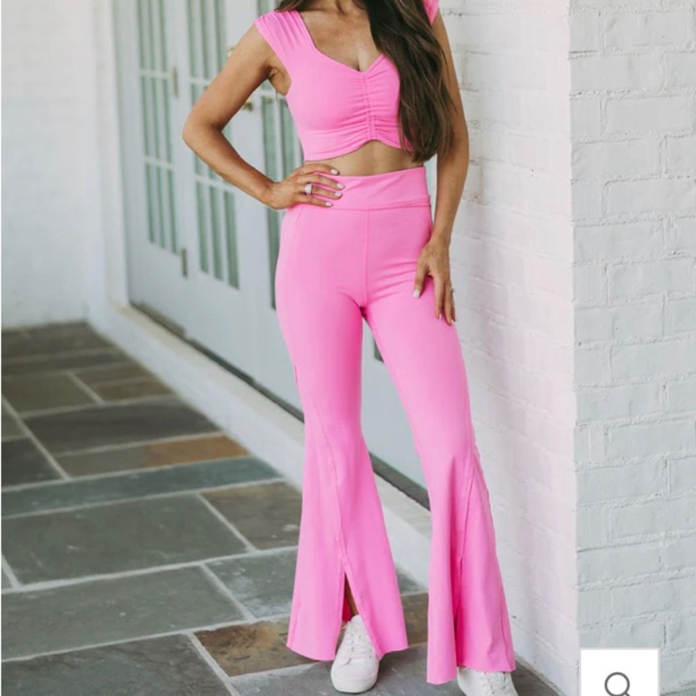 Adorable Pink Two Piece Flare Leggings and Sports Bra